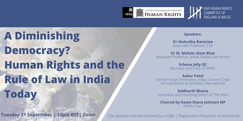 EVENT: A Diminishing Democracy? Human Rights and the Rule of Law in India Today – 21 September 2021