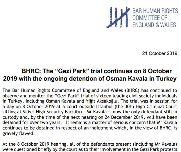 BHRC: The “Gezi Park” trial continues on 8 October 2019 with the ongoing detention of Osman Kavala in Turkey