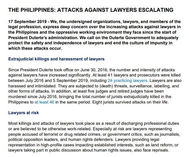 Joint call by international legal community: Protect Filipino lawyers!